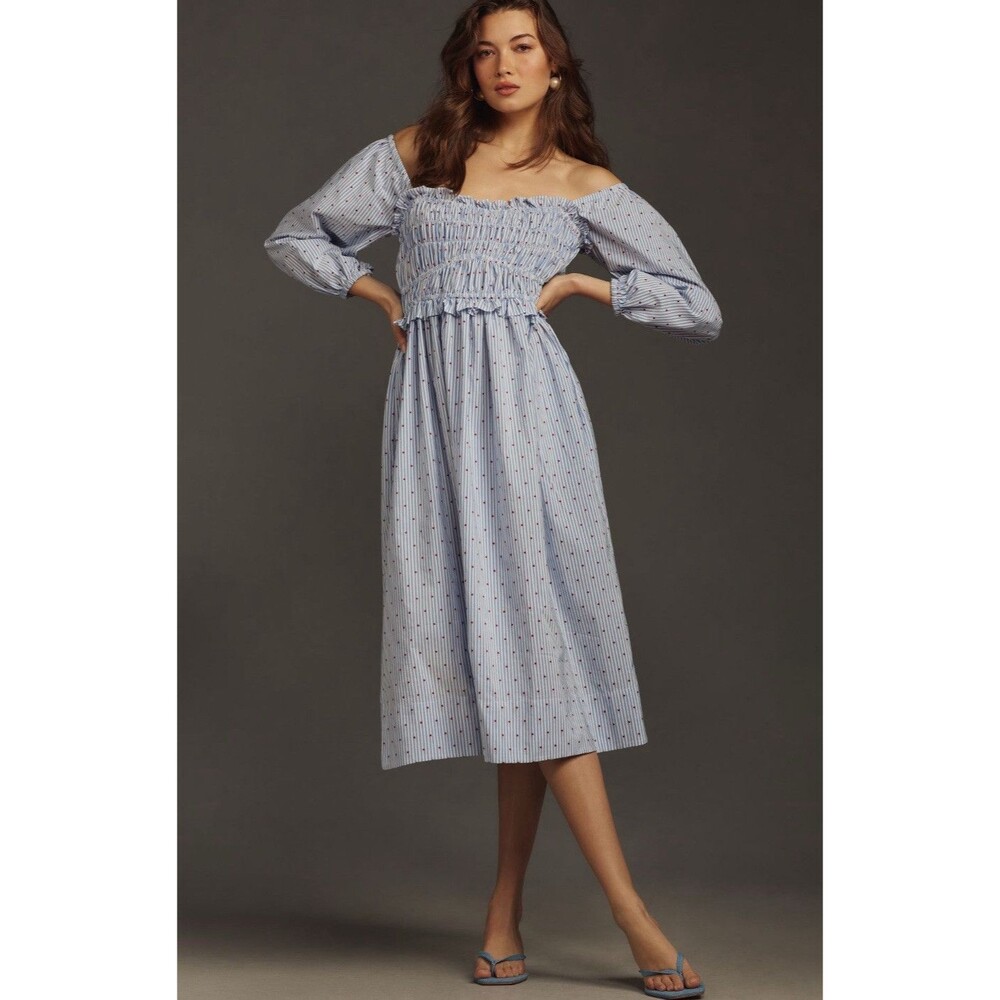 Anthropologie Maeve Midi Dress Blue Smocked Cotton Vacay Preppy Size XXS P NWT